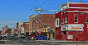 A peacefully looking street in a town in Nebraska.