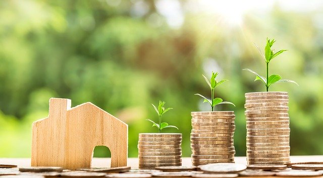 Coins and a small wooden house.