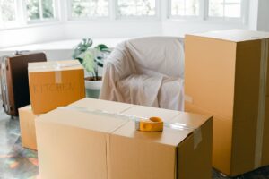 Packed cardboard boxes ready for the move after renting a house in Palmdale.