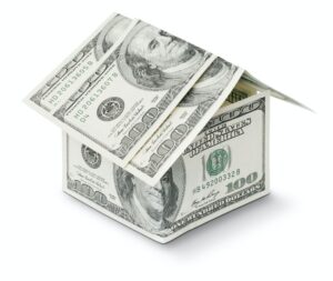 An illustration of a house made of hundred dollar bills