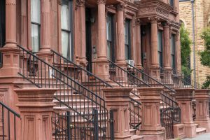 Brownstone buildings.